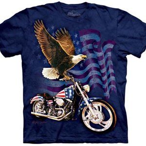 The Mountain Born to Ride Eagle Motorcycle Flag Blue Harley Davidson Shirt S-M